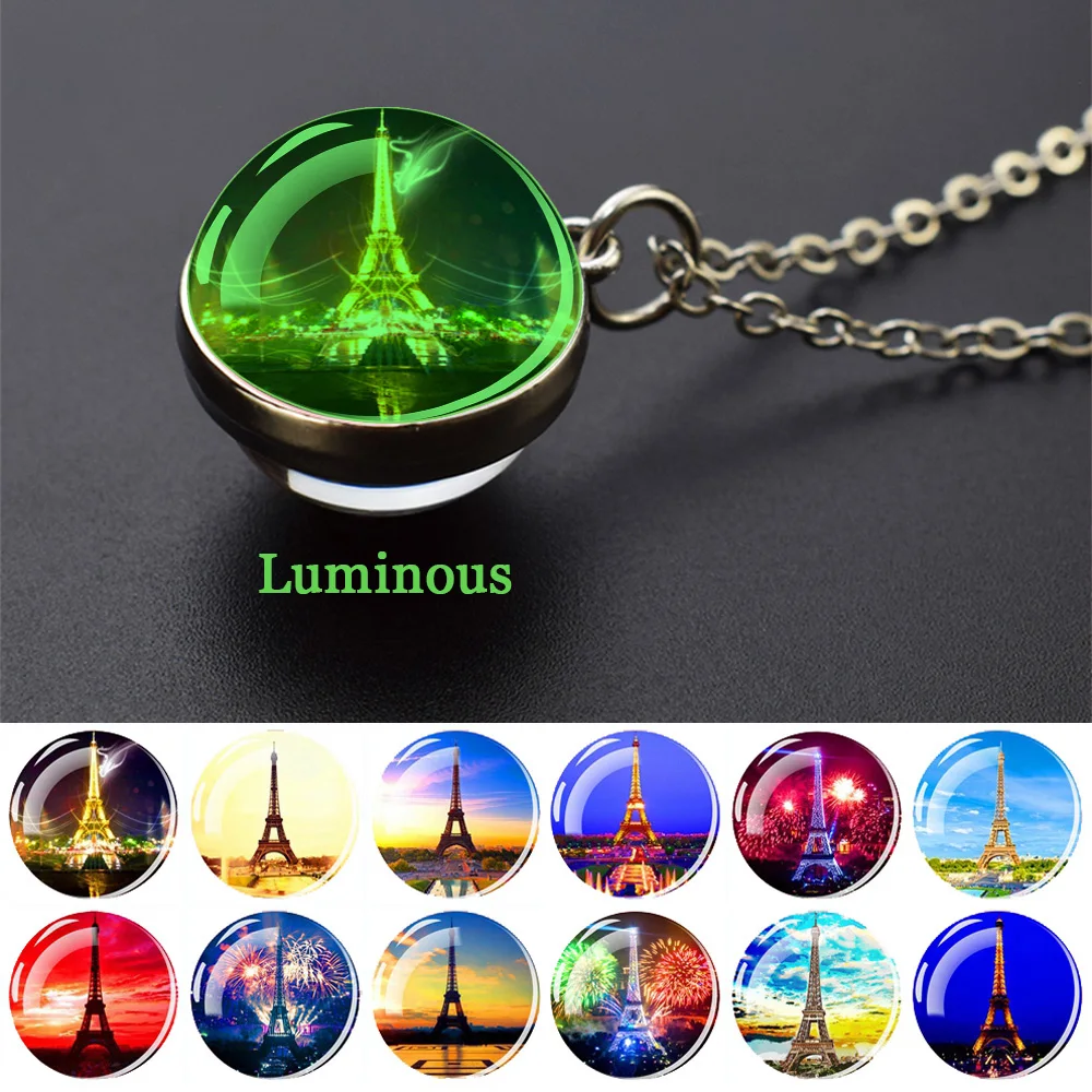 France Paris Eiffel Tower Luminous Necklaces Double Sided Glass Ball Pendant Necklace for Men Women Travel Souvenir Jewelry Gift