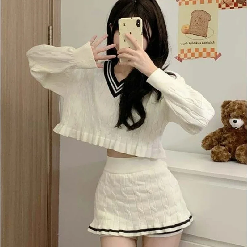 IMU Korean Fashion Y2k Two Piece Skirt Set Women Sweet Stripe Knitted Sweater Crop Tops Slim Bodycon Mini Skirts Kawaii Lolita S
