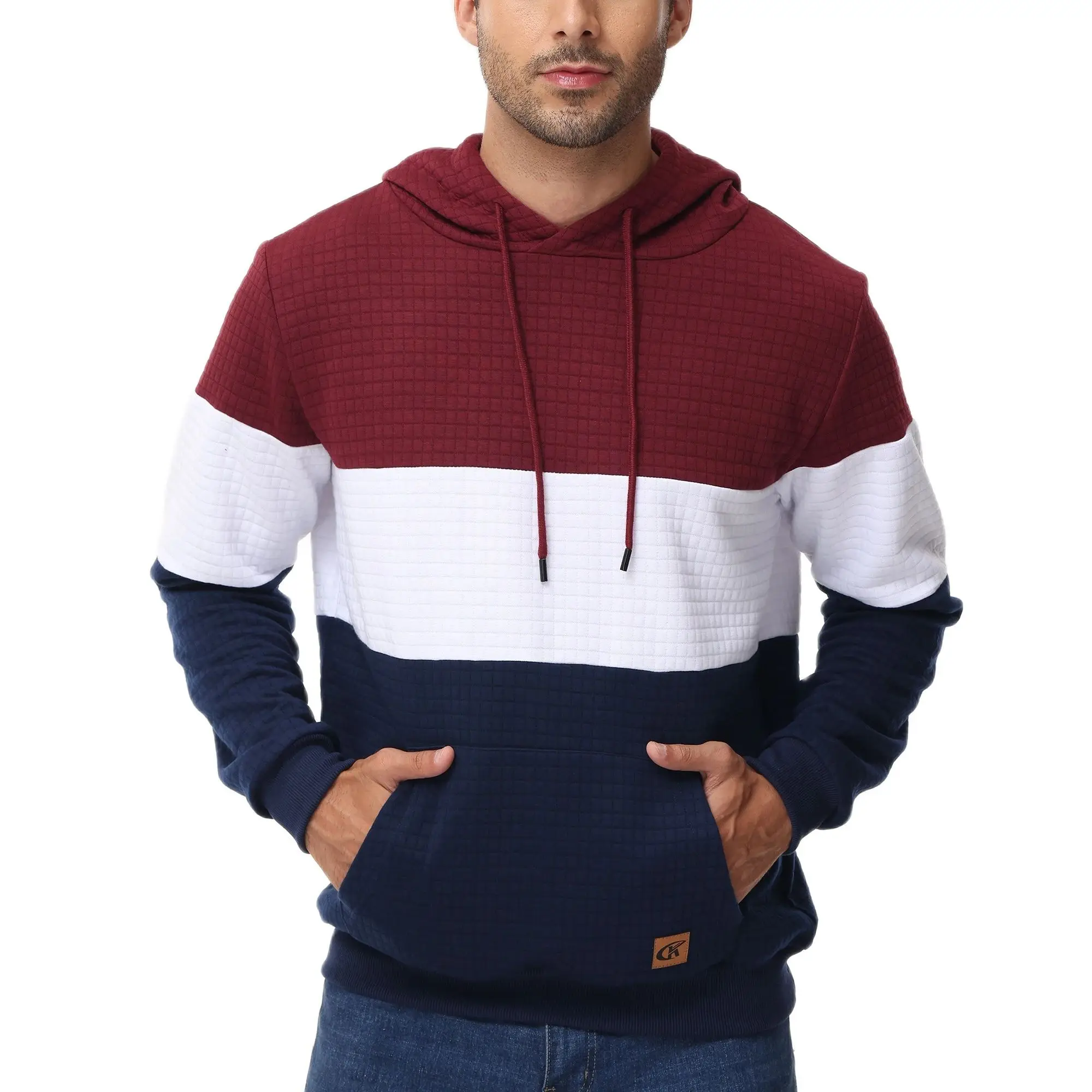 Men\'s Casual Hoodies Long Sleeve Plaid Jacquard Pullover Drawstring Kanga Pockets Casual Fashion Hooded Sweatshirts Streetwear