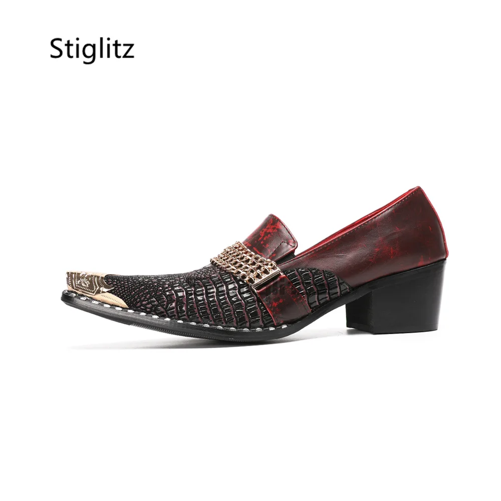 Men's Metal Chain High Heels Oxford Shoes Wine Red Genuine Leather Patchwork Metal Pointed Toe Wedding Dress Business Shoes