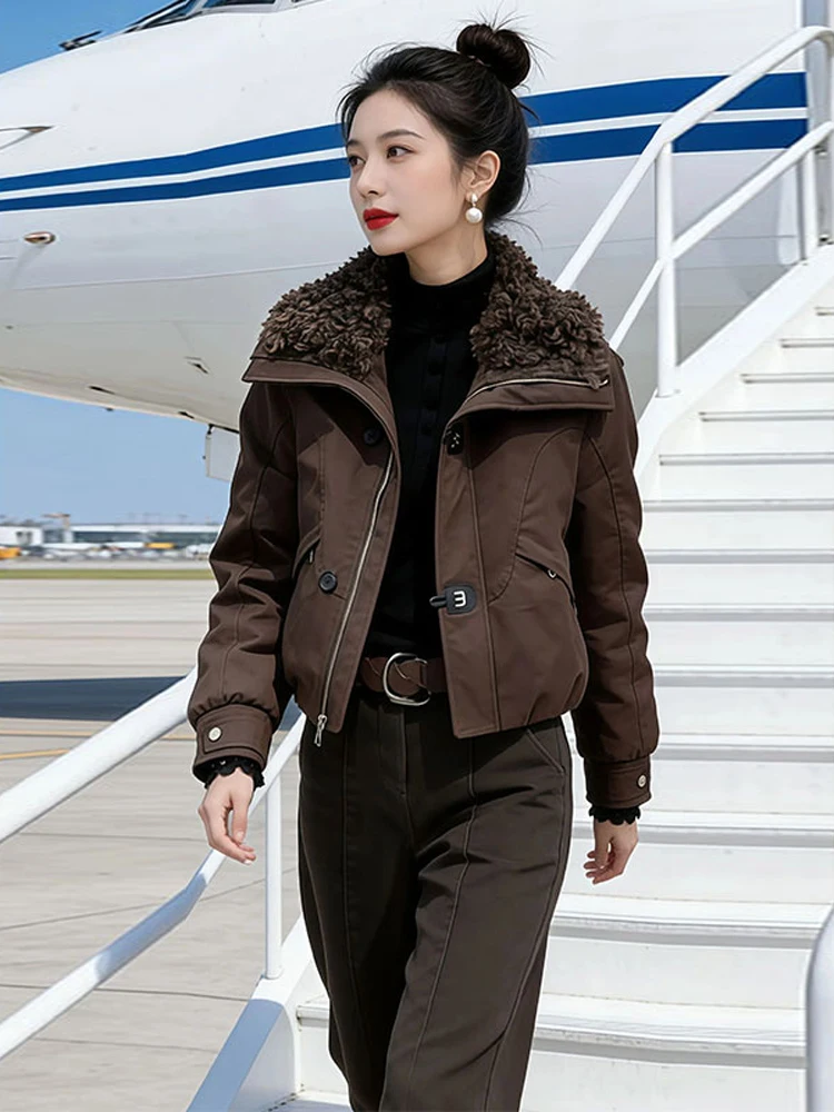 

Утепленная женская зимняя куртка с отстегивающимся воротником из овчины, повседневная, на молнии, из хлопка