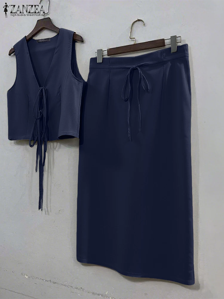 ZANZEA Set Gaun Fashion Wanita 2025 Tanpa Lengan Kasual V-Neck Tank Berenda Rok Panjang Dua Potong Pakaian Paduan Solid