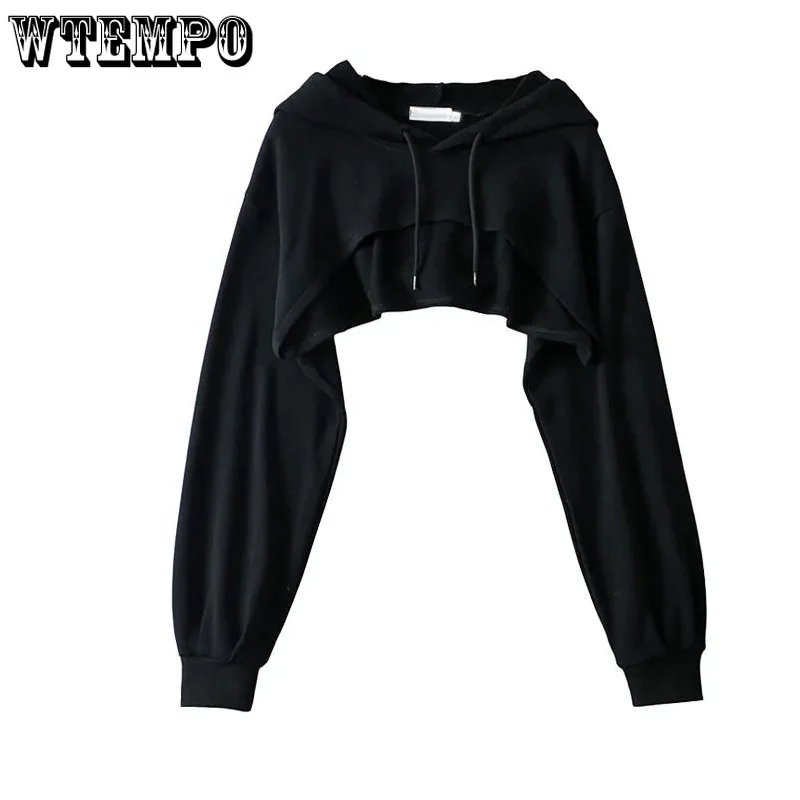 Black Short  Hoodies Sweatshirts Women\'s Navel Pullover Blouse Long-sleeved Loose Top Spring Autumn Drop Shipping Wholesale