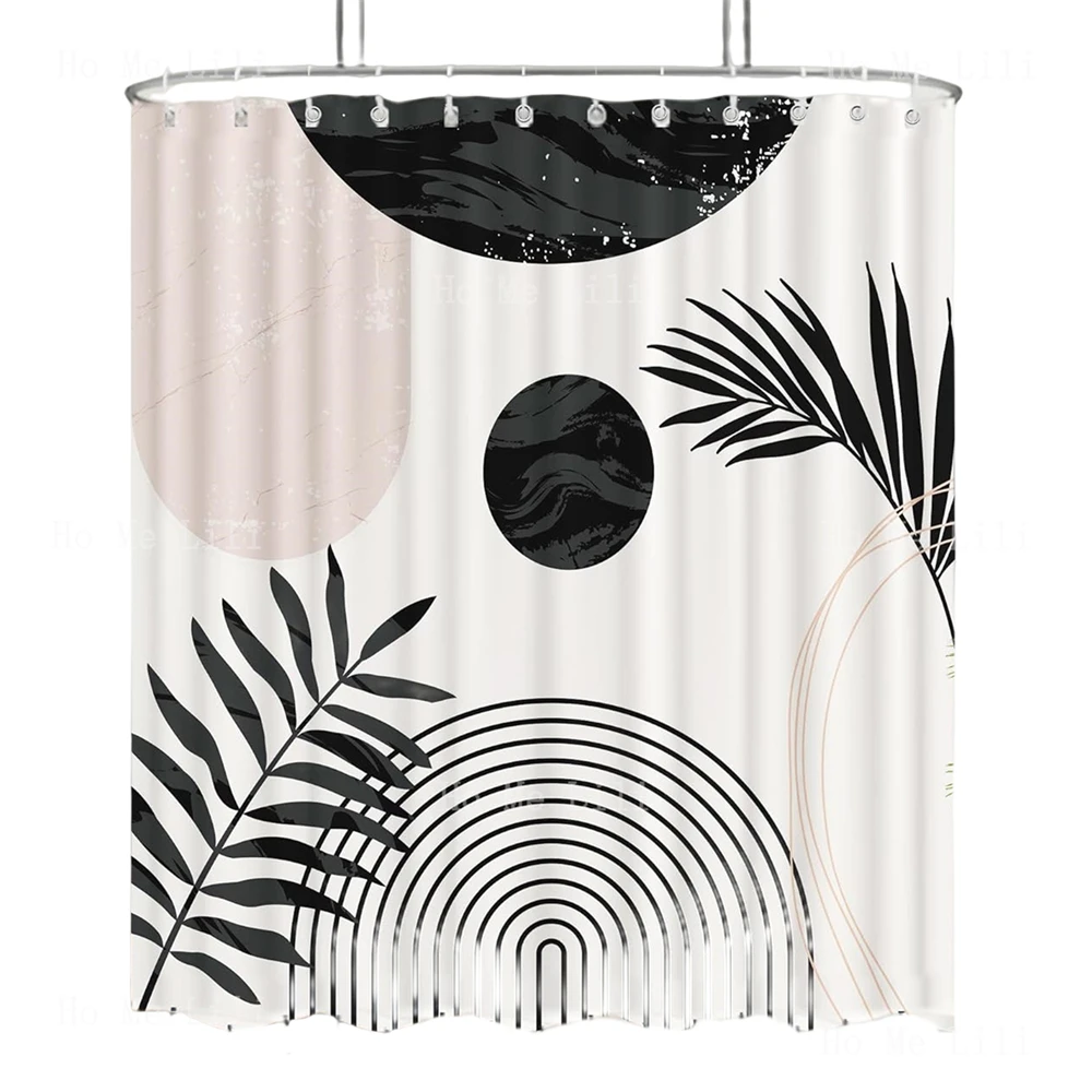 Mid-Century Design With Tassel Accents Boho Black And White Modern Minimalist Leaves Shower Curtain Bathroom Decor