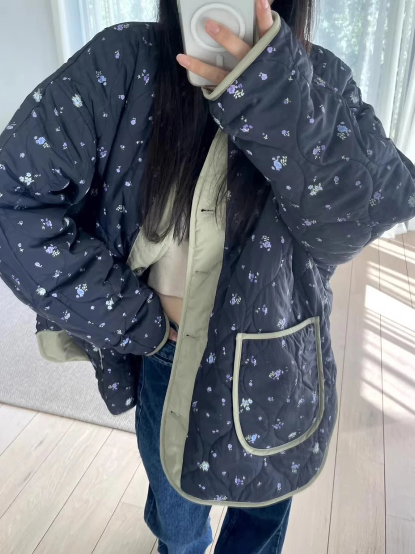 Stampa floreale Double-Sided Wear Cotton Jaet Donna Inverno Nuovo Sle Warm Top con doppi kets Coreano Loose Fit V-Ne