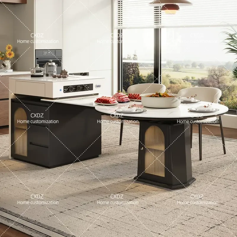 Rock Slab Island Dining Table Smart Voice Control Electric Telescopic Folding Square Table with Food Warming Function for