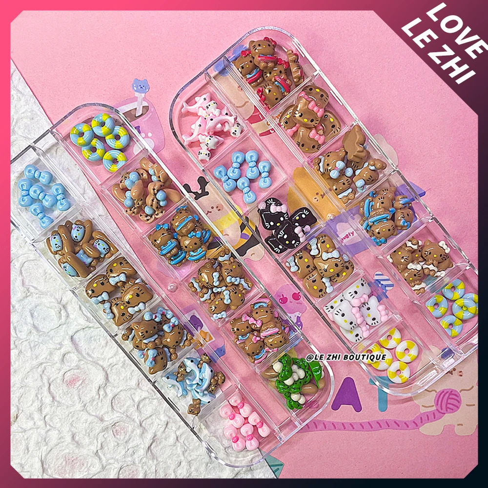 60PCS Kawaii DIY Handwork HelloKitty Nails Art Charms Accessories Blue Black Skin Resin Dolphin Coconut Tree Nail Salon Supplies