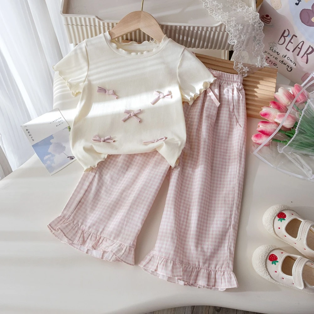 2-7 Years Girl Daily Casual Outfits Bow Short Sleeved T-shirt+Checkered Printed Pants 2Pcs Kids Clothes