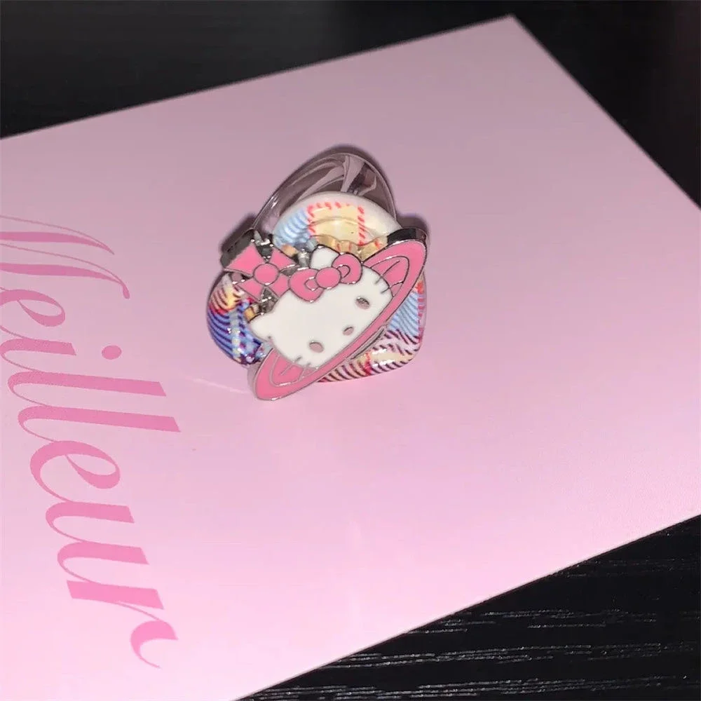 Nueva subcultura Sanrio Y2K Saturno Hello Kitty a cuadros amor corazón anillo de tamaño ajustable juguete decorativo para niña regalo del Día de San Valentín