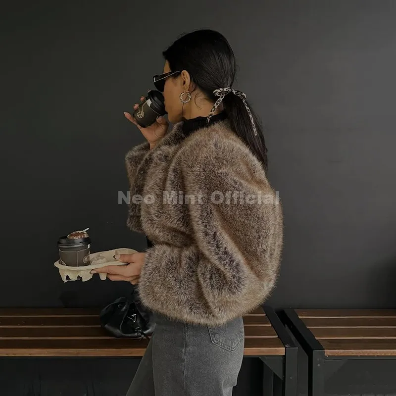 Neo mint 2025 outono curto eco jaqueta de pele de raposa feminina marca icônica moda recortada casaco de pele do falso rua meninas casaco fofo