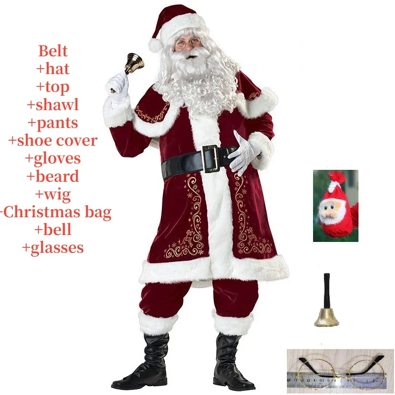 

Santa Claus Cosplay Costume Red Deluxe Velvet Fancy Outfit Set Xmas Party Men Family New Year Santa Claus Suit Adult Christmas