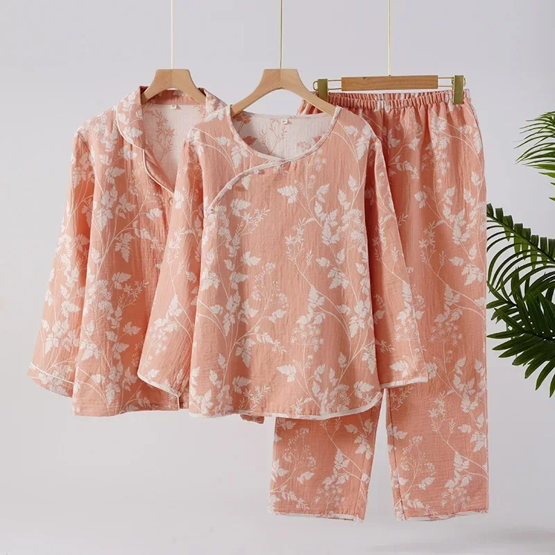 

2025 New Spring and Autumn Women's Pajama Set 100% Cotton Gauze Jacquard Long Sleeve Long Pants Loose Home Clothes Two Piece Set