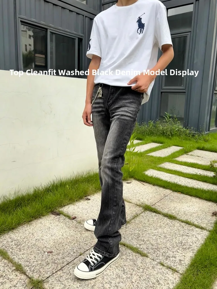 

Cleanfit Water Washed Slim Fit American Style Black Cow Men's Jeans High Street Vibe Straight Leg Micro Flare Jeans for Men