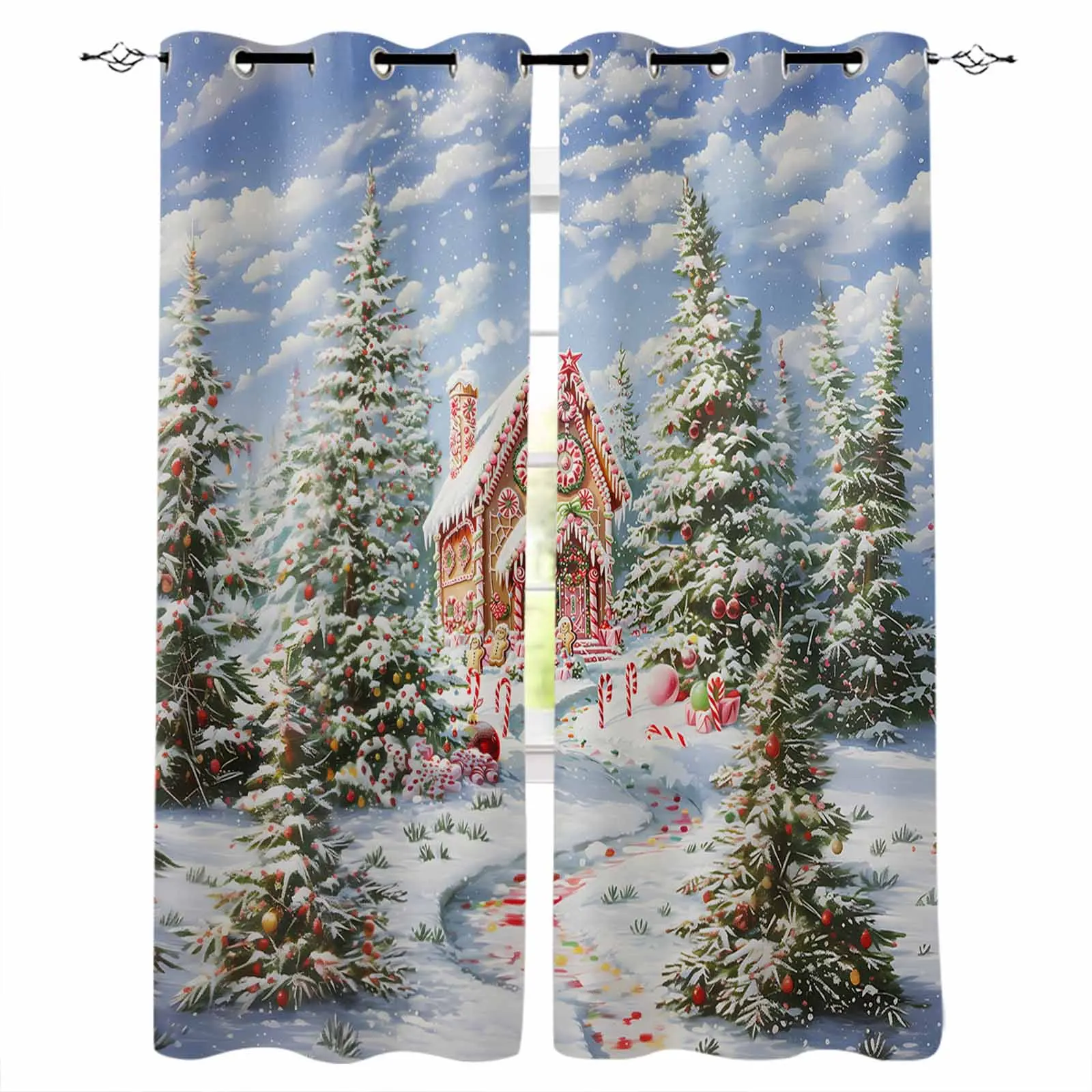 Christmas Snow Scenery Evergreen Tree Candy House Blackout Curtains For Living Room Bedroom Window Treatment Blinds Drapes