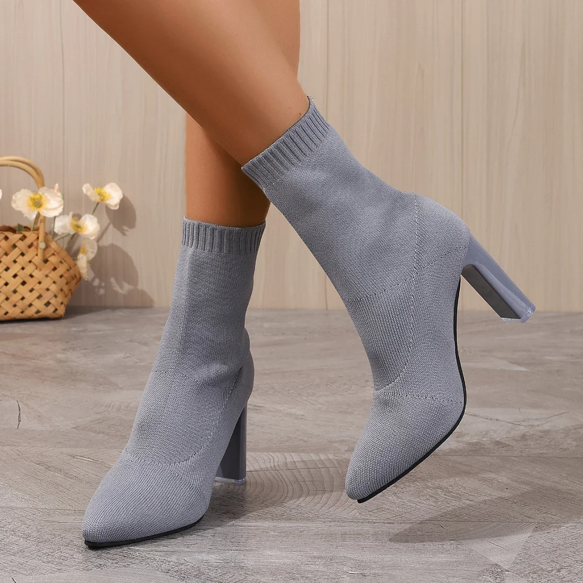 2024 Autumn and Winter Boots Pointed Toe Chunky Heel High Heels Knitted Elastic Socks Boots Women\'s High Heel Boots Botas Mujer