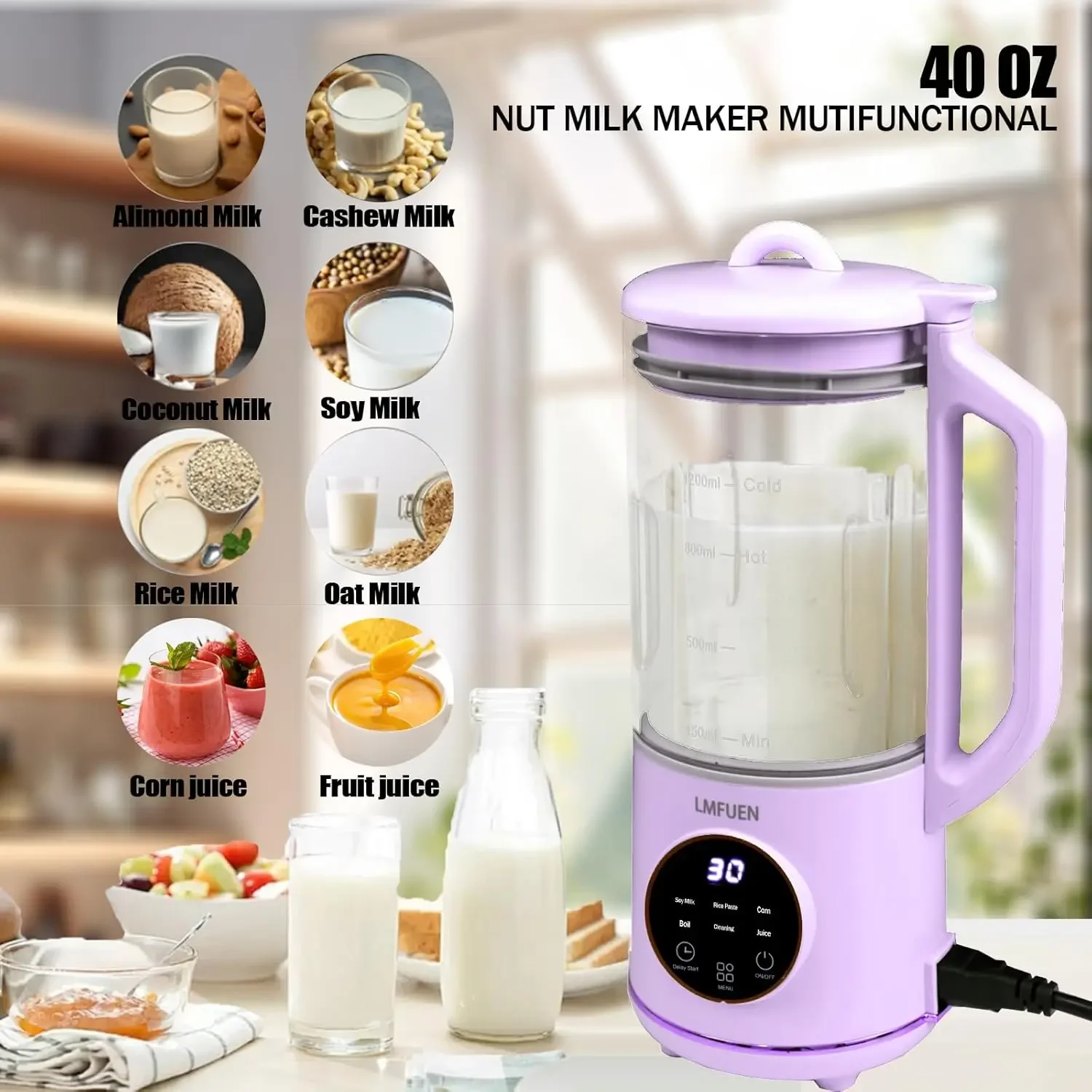 Nut Milk Maker,40oz Soy Milk Maker for Homemade Almond,Oat,Soy Milk,Plant-Based Milk,Soup Maker Machine,Milk Maker Machine with