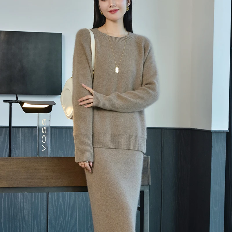 (100% Cashmere) Women's High-end Cashmere Set Round Neck Straight Tube set Classic Temperament Versatile Women