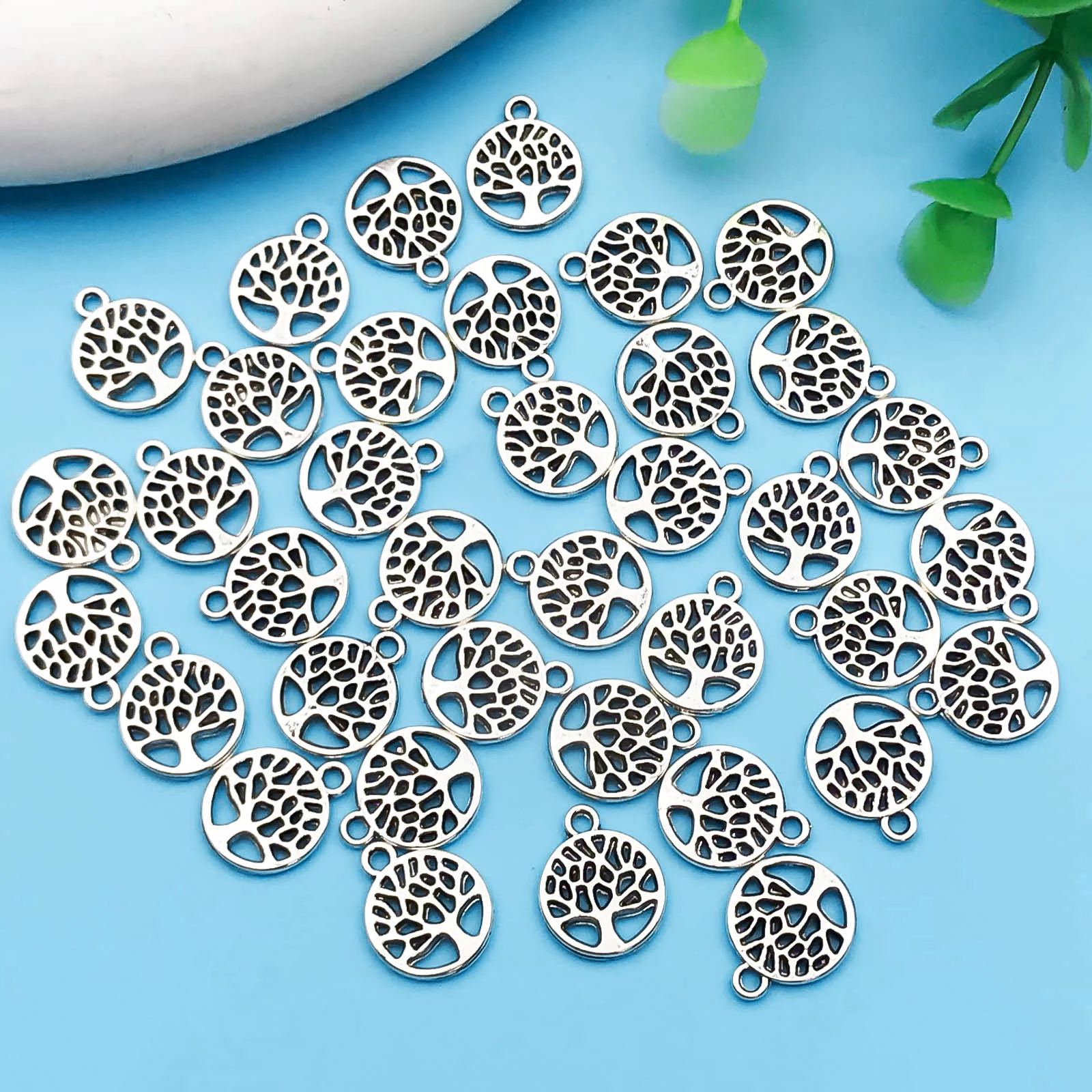 20/30/50Pcs Antique Silvery Color Round Tree Of Life Charms Hollow Pendants For Jewelry Making DIY Necklace Bracelet Handmade