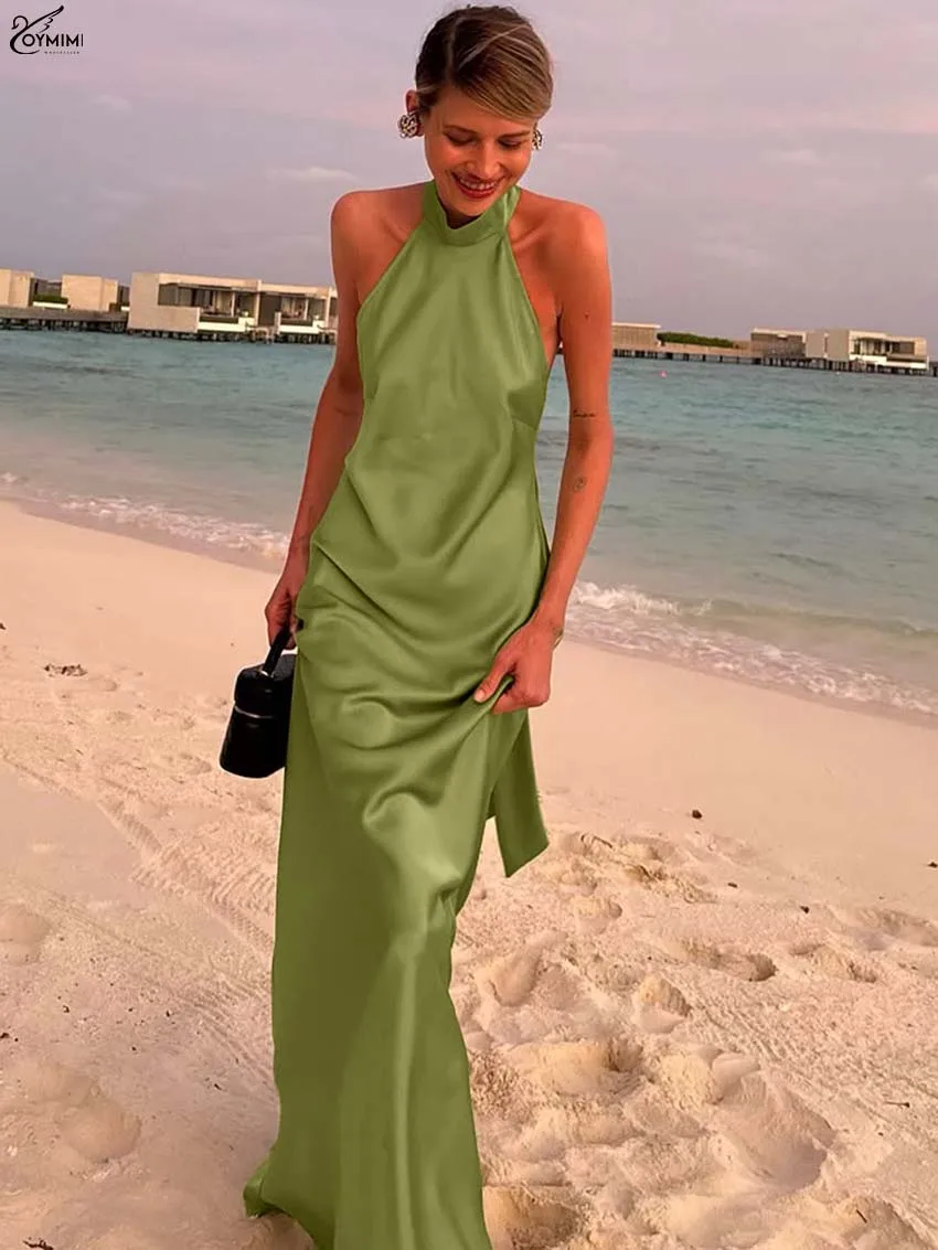 

Oymimi Casual Green Halter Women's Dress Fashion Sleeveless Open Back Lace-Up Dresses Elegant Slim Straight Floor-Length Dresses
