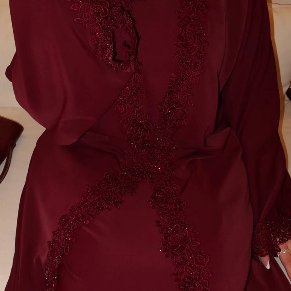 Crochet Lace Trim Sleek Abaya Dress Set with Shawl Scarf. Ramadan Eid Evening Party Events Muslimah Suit Dubai Islamic Clothing