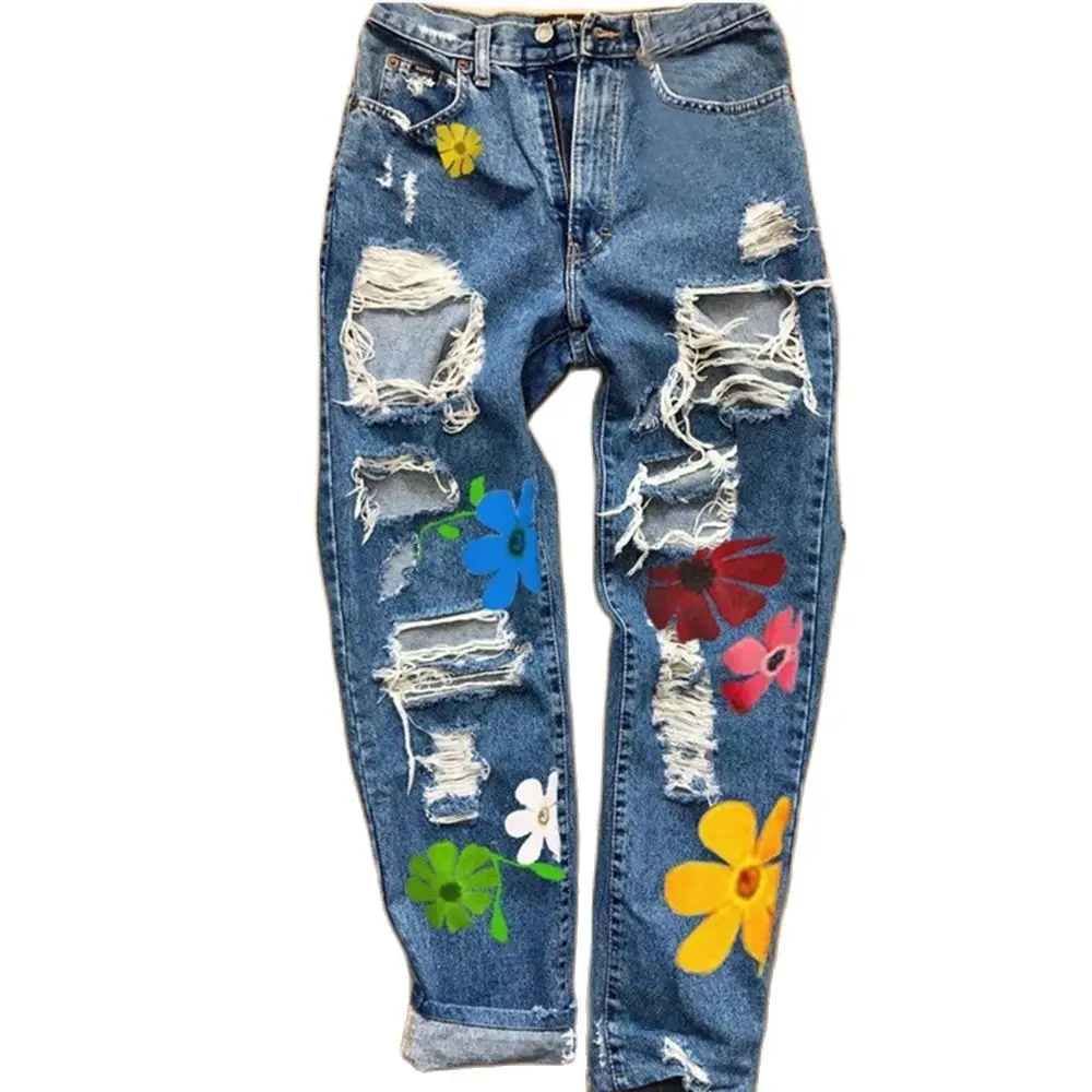 Fashion Personality Street Publicity Print Hole  High Waist Four Seasons Women Flower Jeans Pants