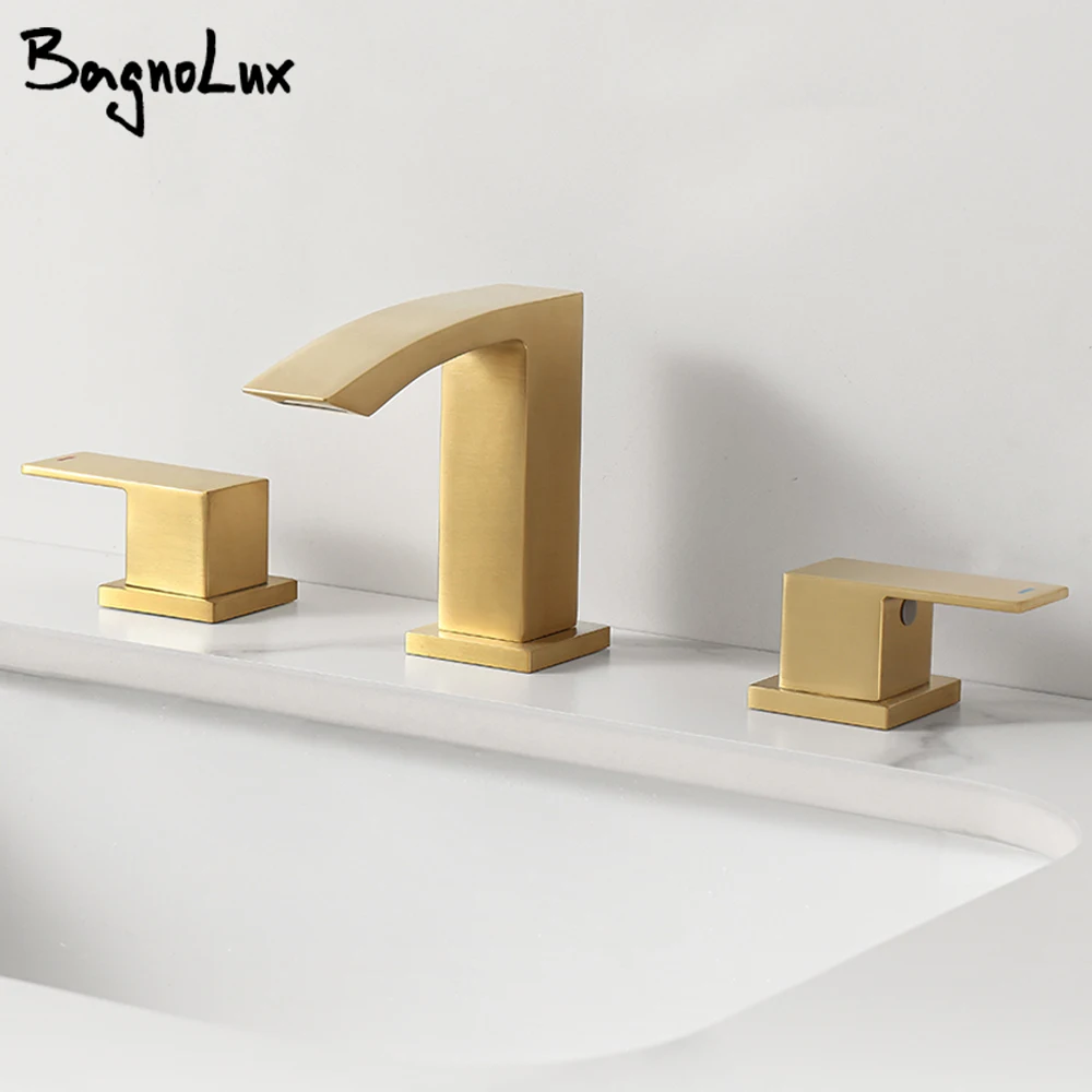 

Brushed Gold Basin Faucet Square Dual Handles 3 Holes 3 Pcs Deck Mounted Sink Mixer Hot And Cold Bathroom Tap