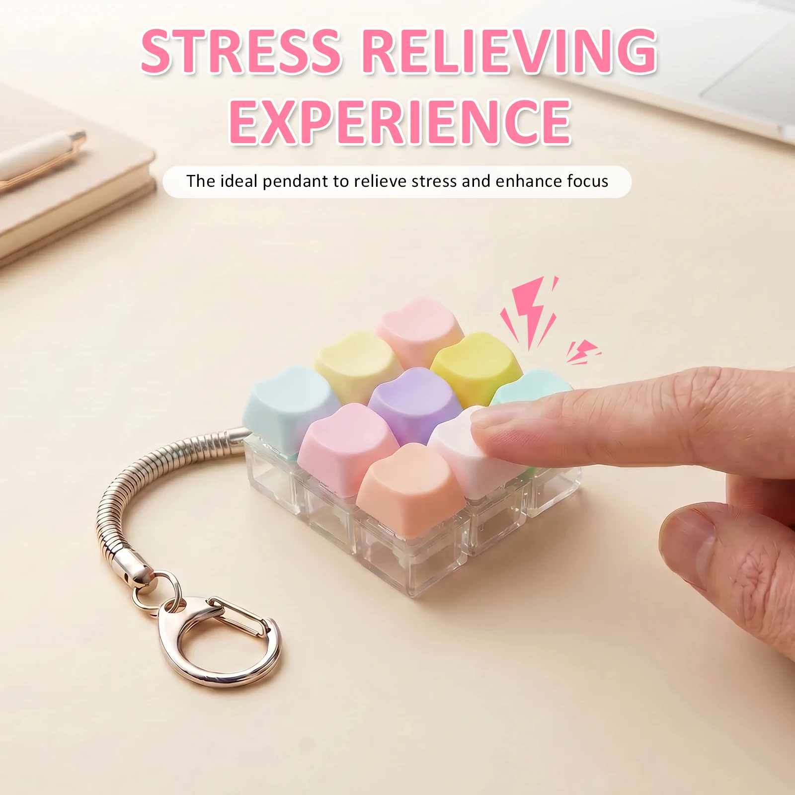 6Pcs Portable Keyboard Keychain Set Macaron Colors Heart Shape Mechanical Keyboard Button Clicker Toy Decorative Keyboard Charms