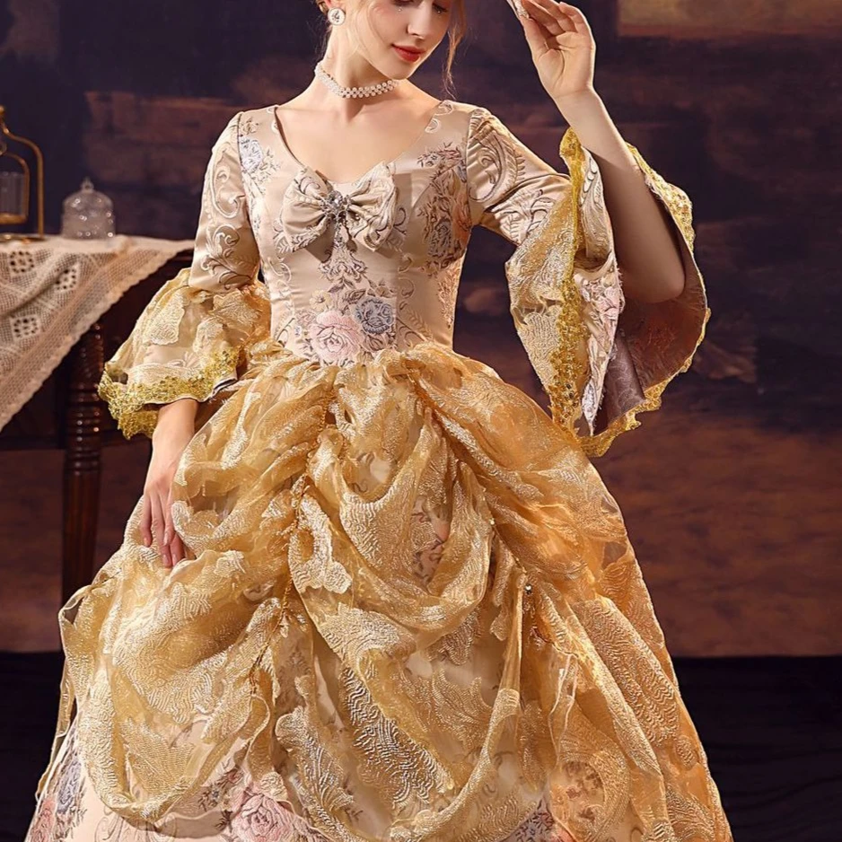 황금 자카드 트레일링 유럽 법원 의상 러시아 티 파티 사진 역할 놀이 탁상 게임 드라마 드레스 Ballkleid Luxuskleid