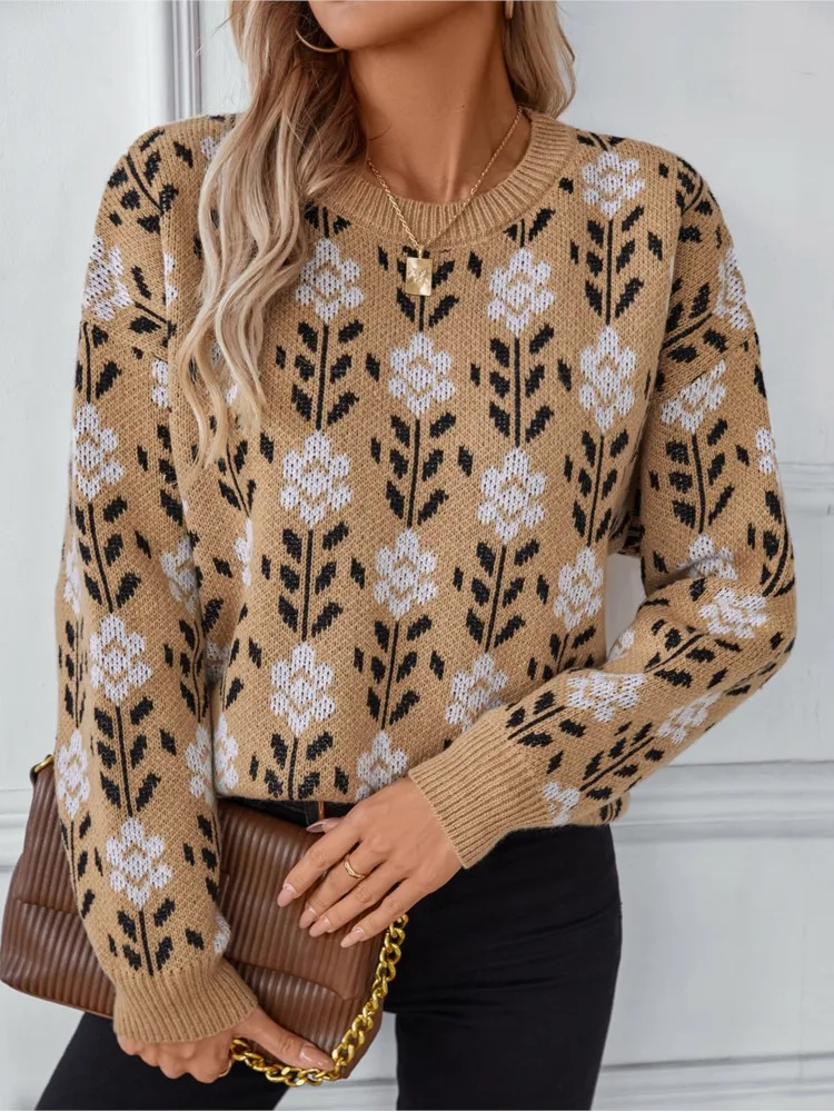 

Woman's Casual Flower Pattern Pullover Female Fashion O-neck Long Sleeves Loose Sweater Autumn Winter Lady Warm Comfort Sweaters