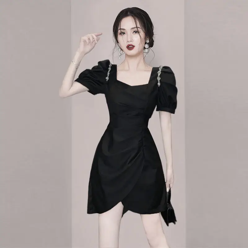 Luxury and high-end square neck waistband dress female 2023 summer solid short sleeve westernized women A-line dress female tops