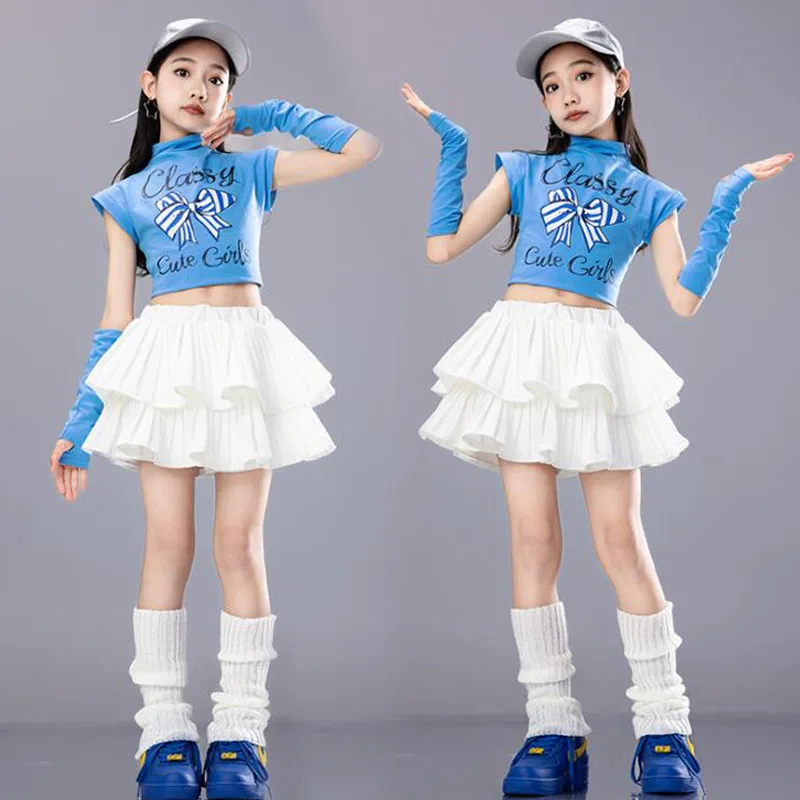 Hip Hop Outfits Kids Crop Top Street Dance Tiered Skirts Girls Streetwear Children Cheerleader Costumes Stage Jazz Clothes Sets