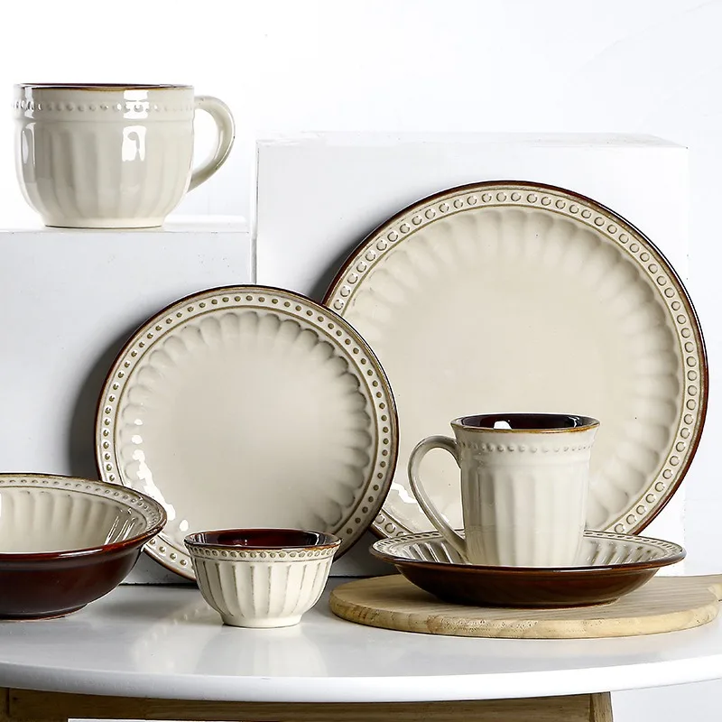 Brown Underglaze Ceramic Plates Nordic Classical Polka Dot Embellishment Beef Pasta Dinner Plate Daisy Tableware Daisy Tableware
