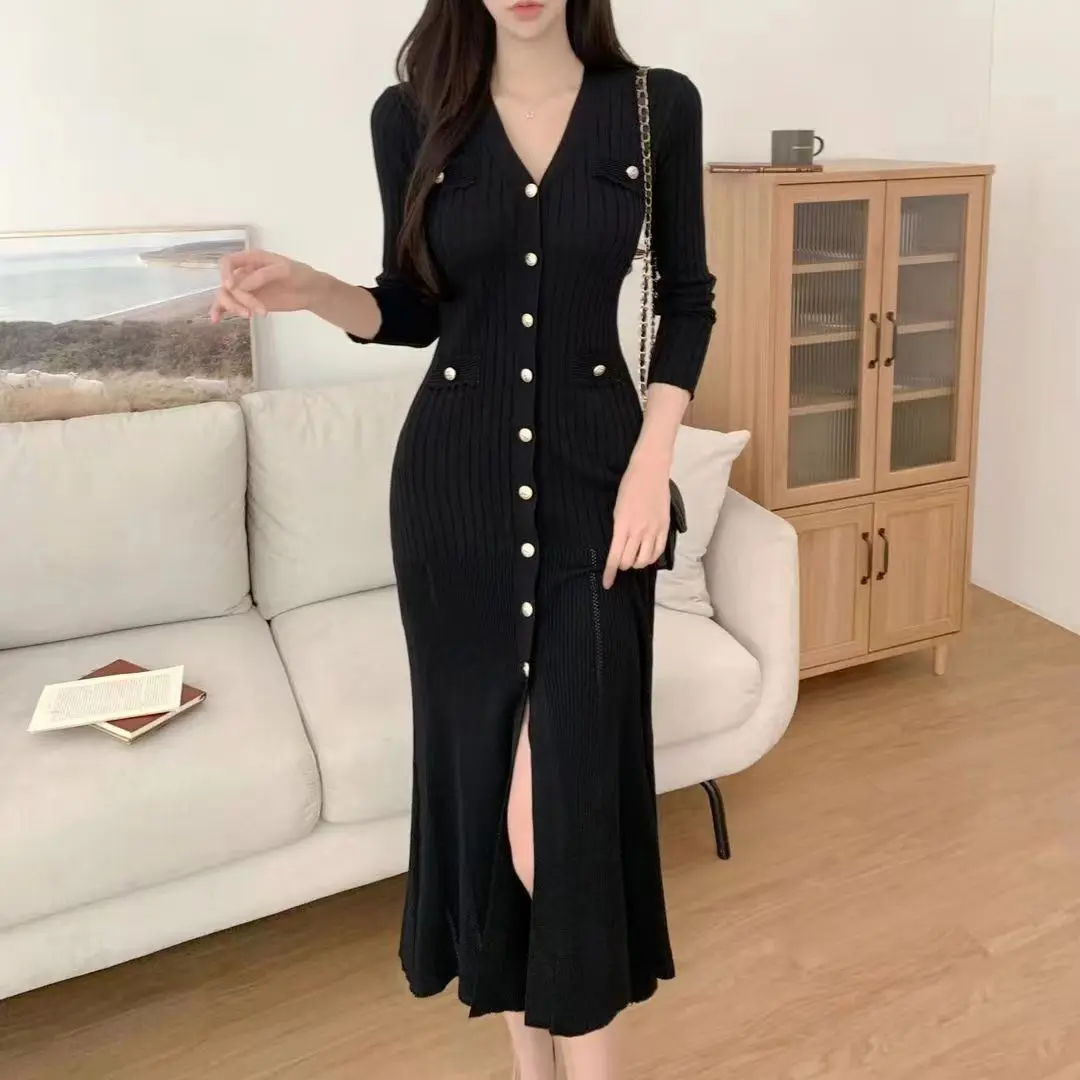 

Midi Dress Women Knitted Black Bodycon Korea Style Ruffle Ladies Dresses Elegant Fashion Casual Woman Dress 2025 Autumn