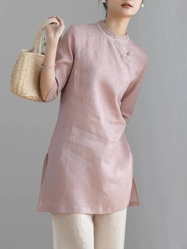 

New Chinese Sle round Ne Women's irt Summer 2026 Zen Cotton Linen Tea Costume Button Embroidery Linen irt Loose Fit C...