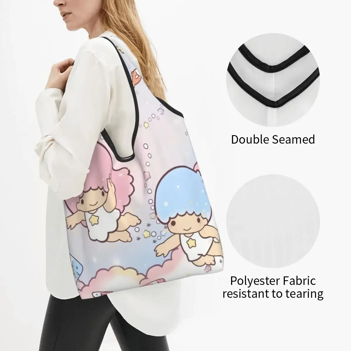 Custom Cute Print Little Twin Stars Sanrio Cartoon Kiki Lala Tote Shopping Bag Portable Shoulder Shopper Handbag