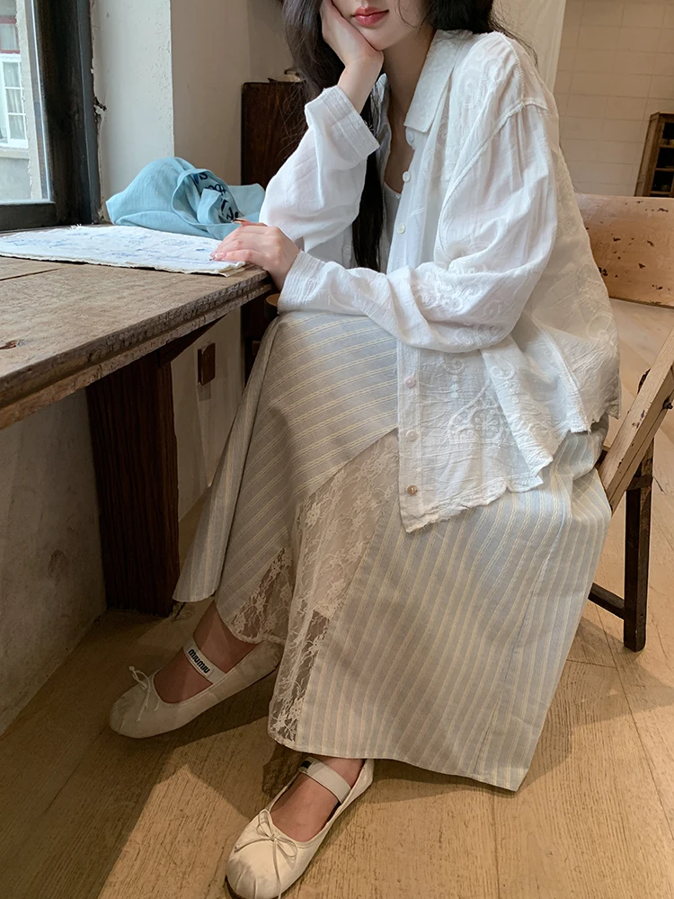

High Waist A-Line Skirt with Lace Patchwork Stripes for Women Spring 2026 New Sle Ele Mid-Length f Body Skirt