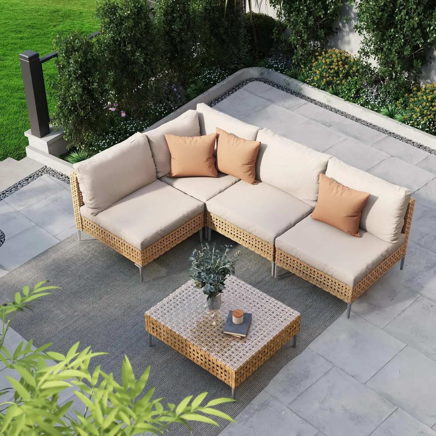 

5-Piece Wicker Patio Furniture Set, Boho Outdoor Sectional Sofa with Water Resistant Thick Cushions Coffee Table