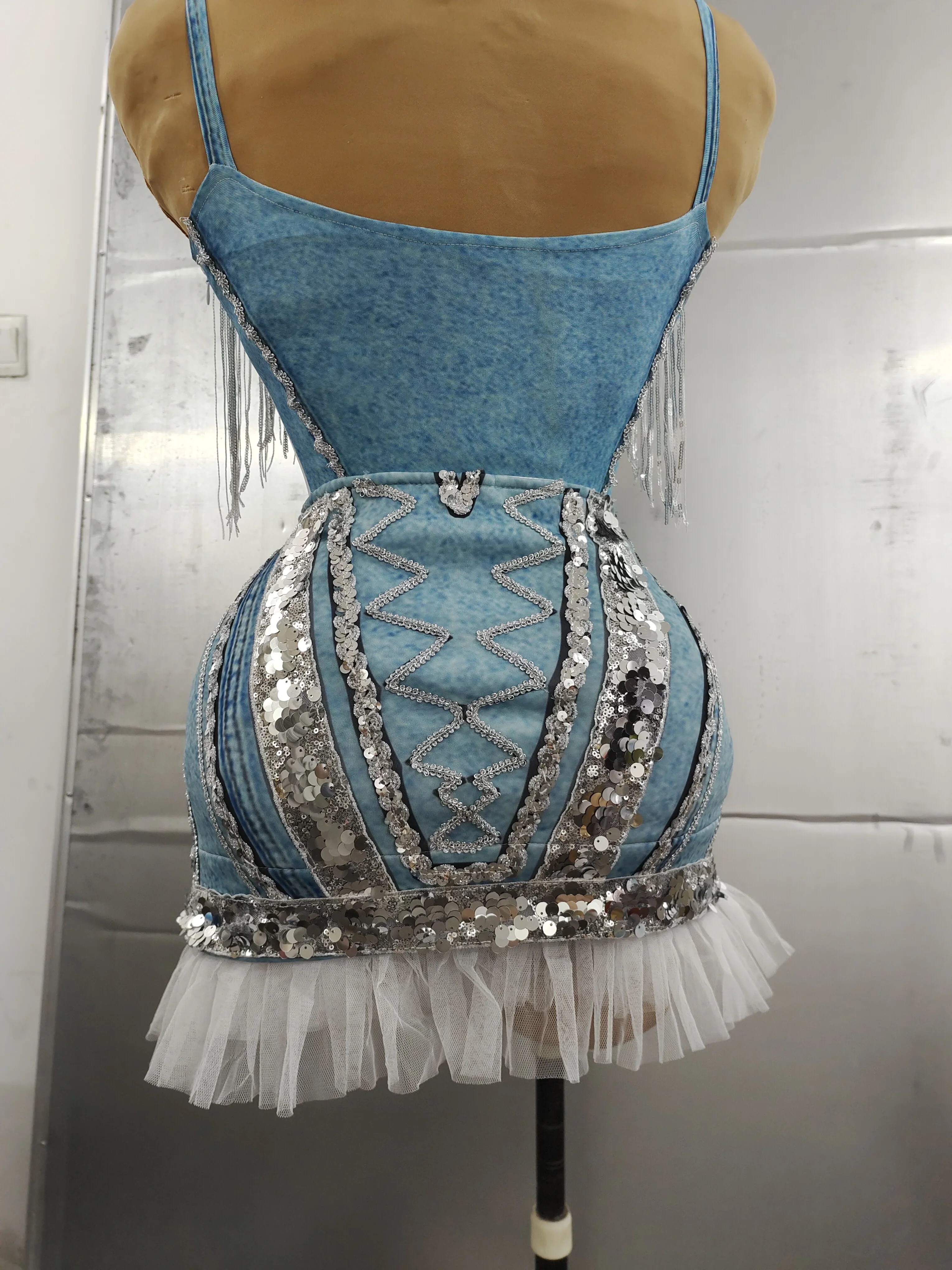 Traje de leotardo azul con flecos y lentejuelas plateadas brillantes, traje Sexy para Celebración de cumpleaños, fiesta de graduación, espectáculo, body con estampado de mezclilla, nuevo