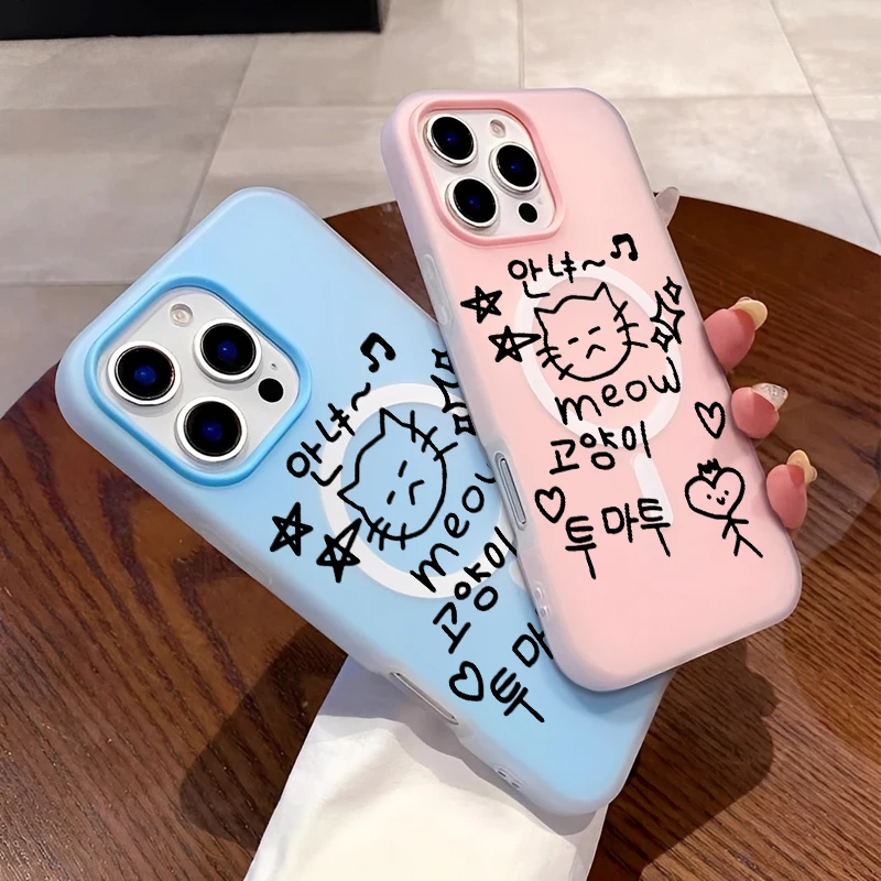 

Магнитный модный тренд, простой милый мультяшный корейский чехол с рисунком котенка для телефона IPhone 16, 15, 14, 13, 12, 11 PROMAX, чехол для телефона
