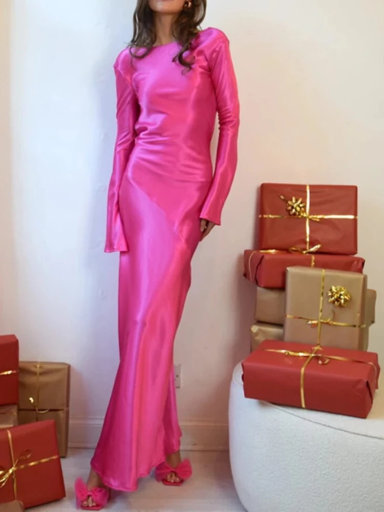 春の新作 レディース Oネック ファッションドレス ホワイトサテン 長袖 スリム イブニングドレス セクシー ホローアウト バックレス マーメイド ローブドレス