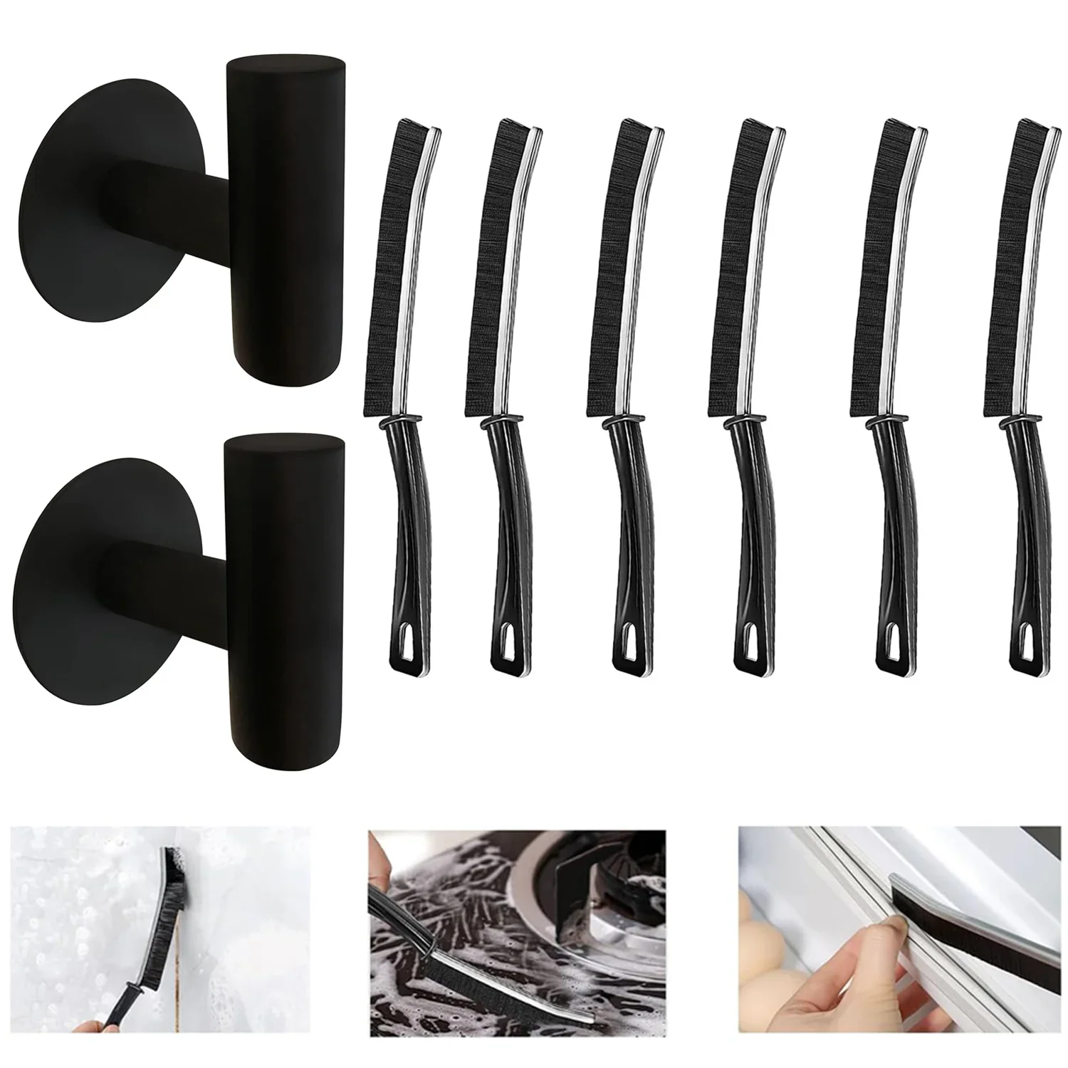 

8-piece Bathroom Cleaning Storage Set 2-piece Adhesive Wall Hook, 6-piece Bristle Crack Cleaning Brush for Cleaning Fine Seams