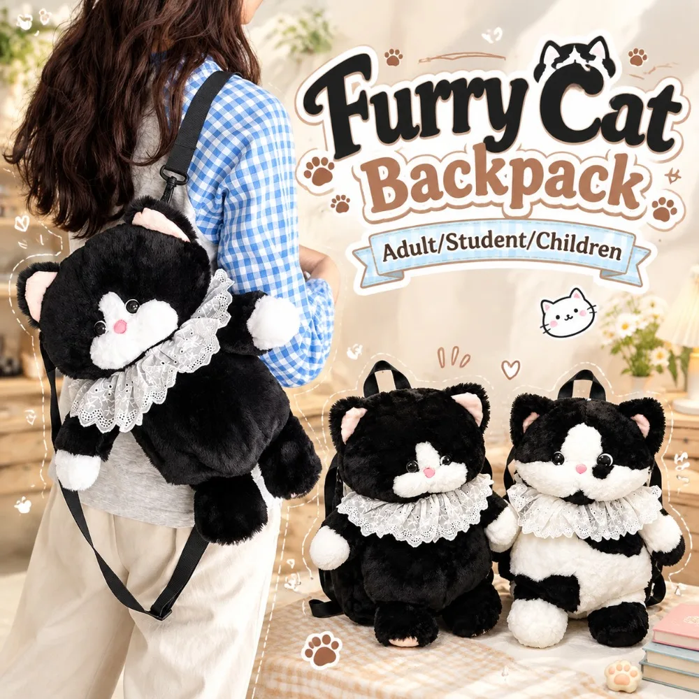 Black White Furry Cat Backpack Lightweight Adjustable Strap Cat Shoulder Bag Zippered Stuffed Animal Purse