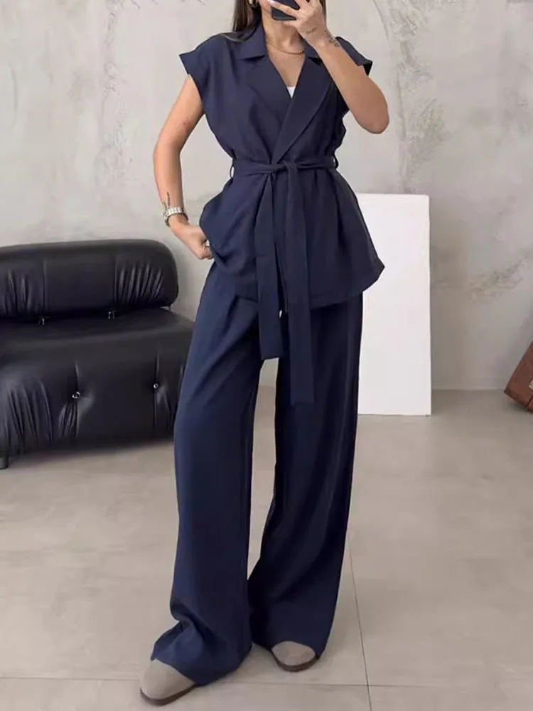 LANMREM Office Lady Two-piece Set For Women Sleeveless Lace-up Gathered Waist Tops With Casual Wide Leg Pants 2024 New 2DA7050