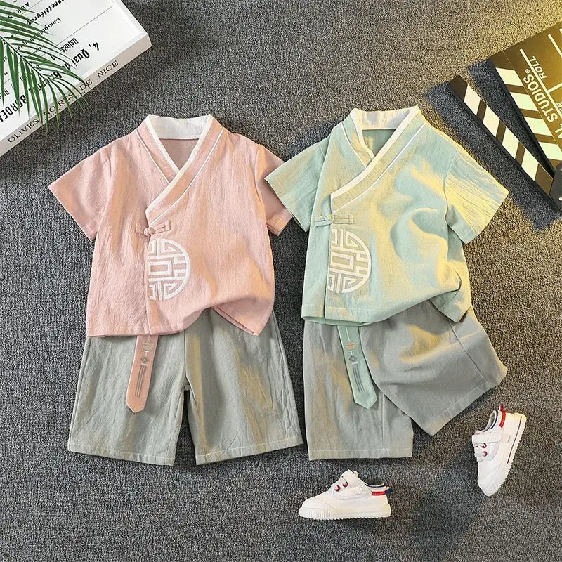 

Children's Suit Hanfu Children's Men's Summer Thin T-shirt Top and Shorts Set Chinese Style Boy's Tang Suit Summer Cotton Jacket