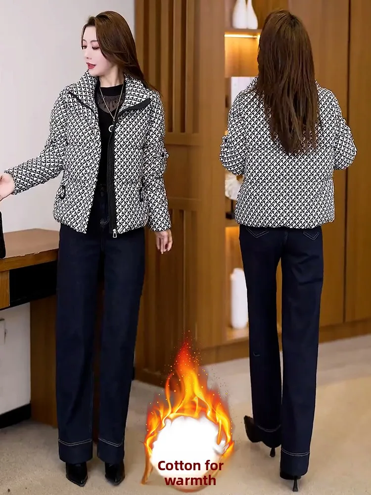 Zimowa, ocieplana, pikowana kurtka damska z bawełny, ciepła, przytulna, w kratę, płaszcz puchowy, wyszczuplający, elegancki, do pracy, koreański styl, krótka.