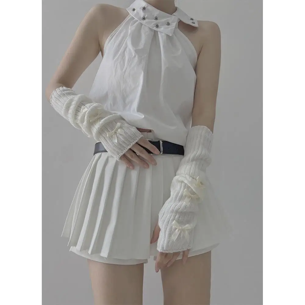 Punk Lolita Bowknot Arm Warmers Y2K Sweet Gothic Knit Long Sleeve Fingerless Mittens Japanese Harajuke Arm Sleeve for Women