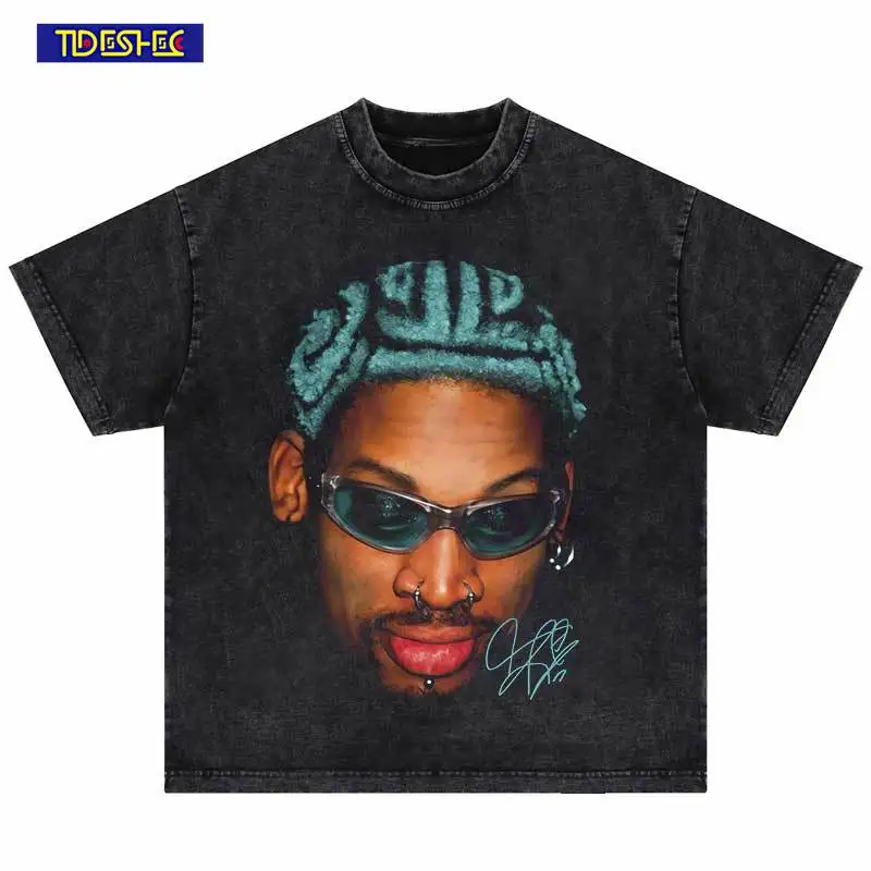 Hip Hop Men\'s Big Face T-shirt Tops Dennis Rodman Portrait Graphic Printed T-Shirt Vintage Cotton Men Casual Oversized  Tshirt