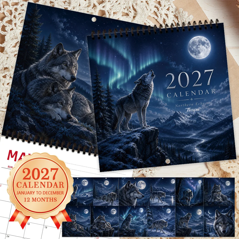 1pc 2027 Wilderness Wolf King Wall Calendar,12‑Month Planner,Gift For Back‑to‑School,Christmas,New Year,Free Stickers Included