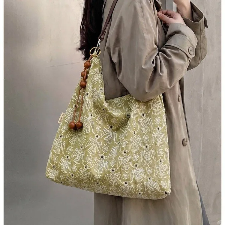 Vintage Floral Print Canvas Tote Bag Women Casual Shoulder Bag Wooden Bead Pendant Large Capacity Daily Shopping Office Handbag