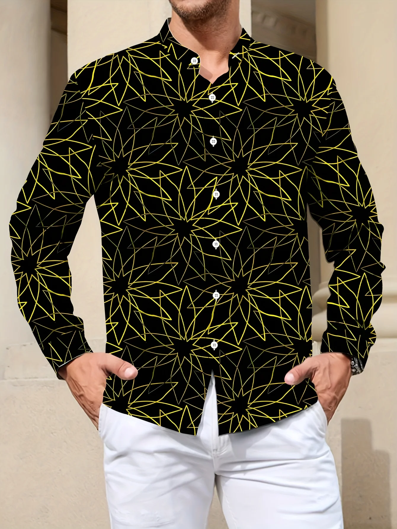 

Bohemian Geometric Print Long Sleeve Shirt - Bold YES Text & Color Block Design, Regular Fit Button-Up Shirt for Men & Women,